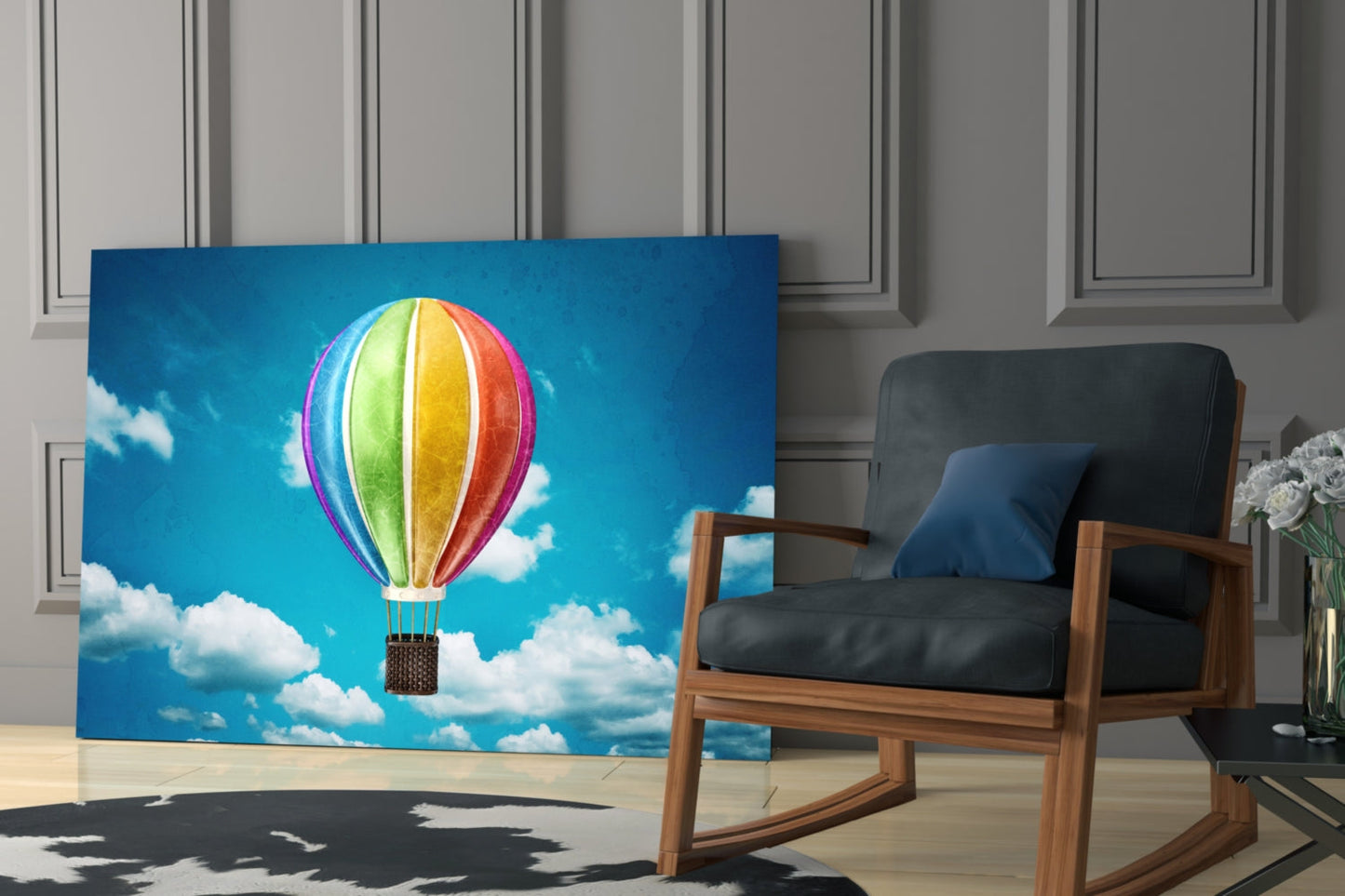 Rainbow Balloon in Bright Blue Sky Glass Wall Art