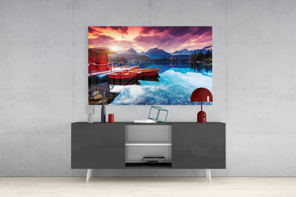 Crimson Sky Boathouse Mountain Lake Glass Wall Art