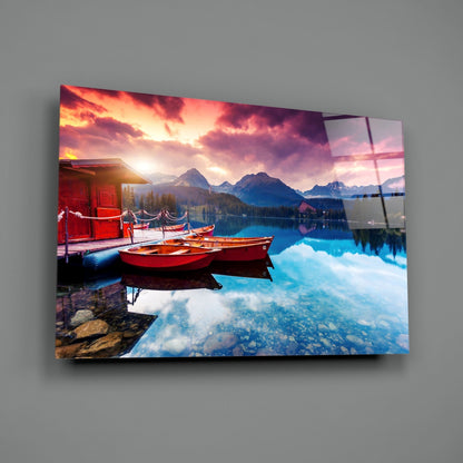 Crimson Sky Boathouse Mountain Lake Glass Wall Art