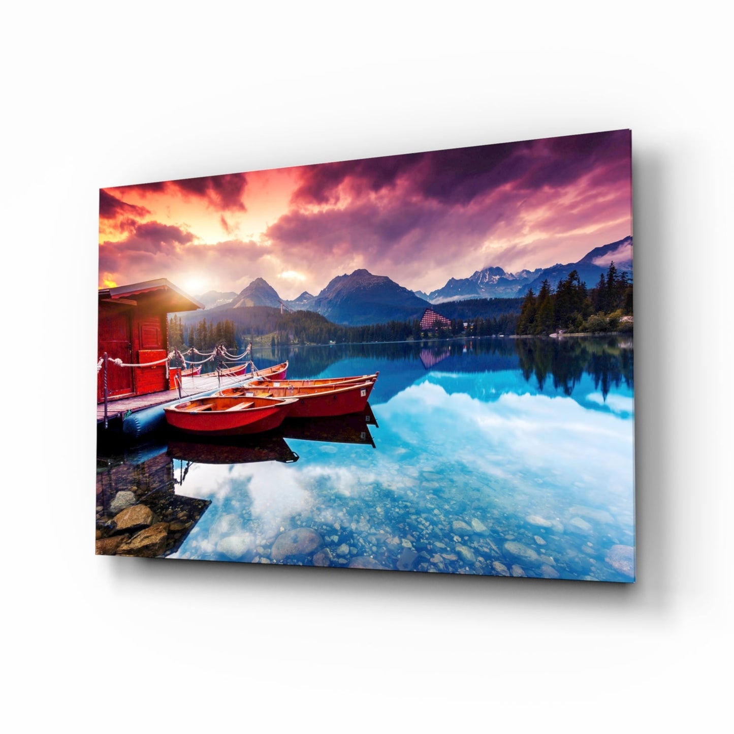 Crimson Sky Boathouse Mountain Lake Glass Wall Art