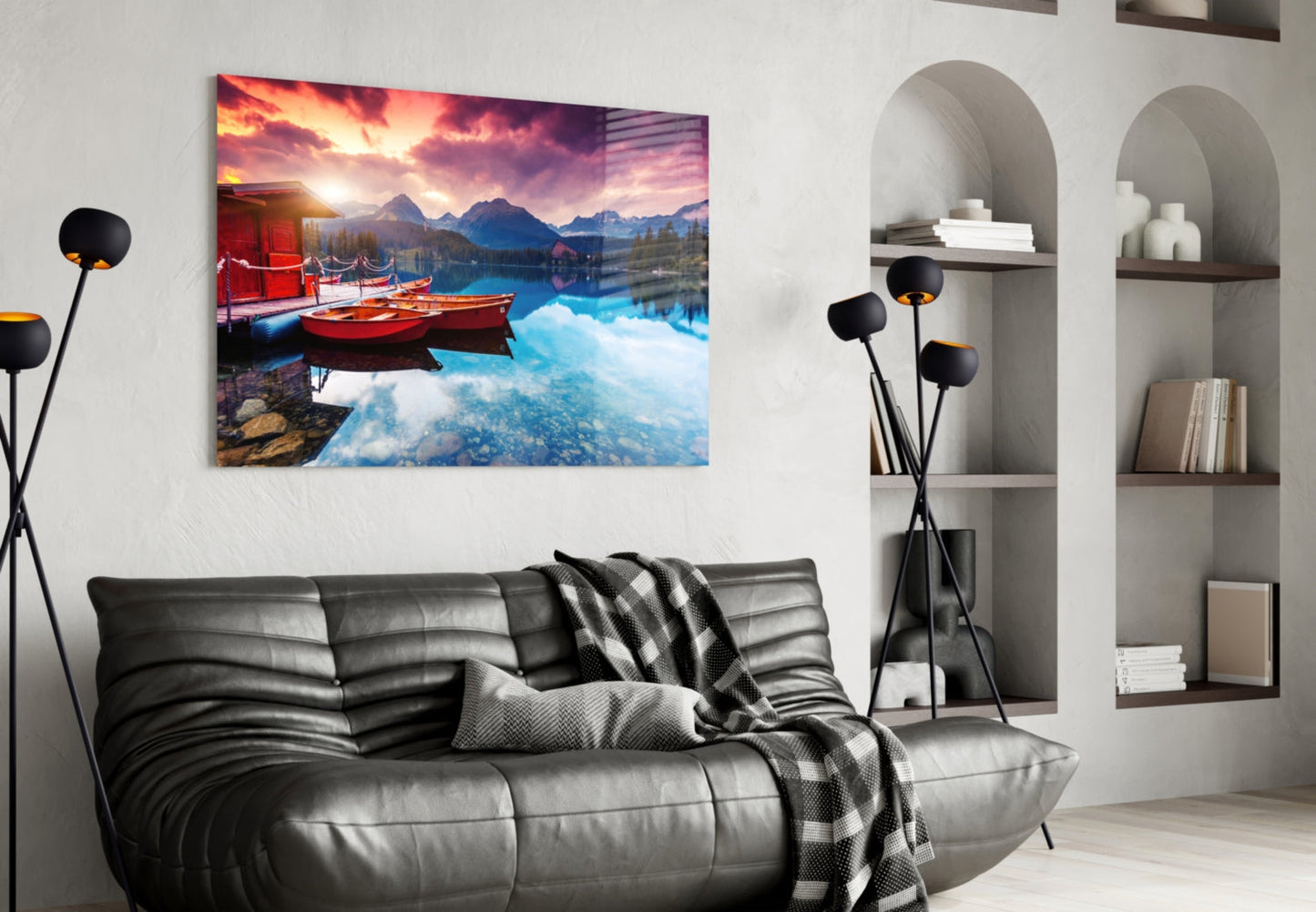Crimson Sky Boathouse Mountain Lake Glass Wall Art