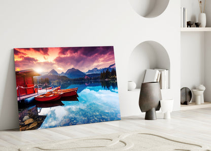 Crimson Sky Boathouse Mountain Lake Glass Wall Art