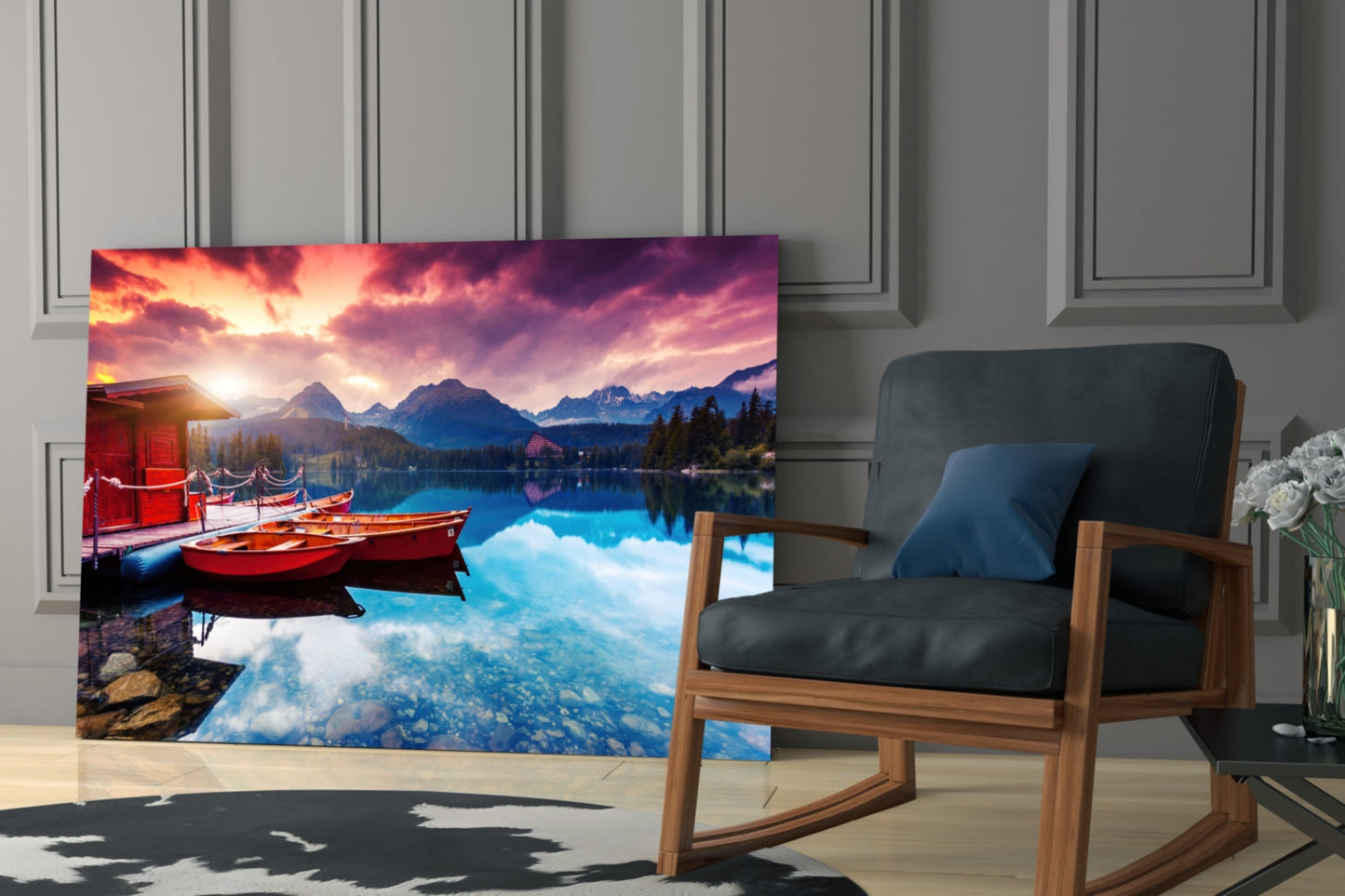 Crimson Sky Boathouse Mountain Lake Glass Wall Art