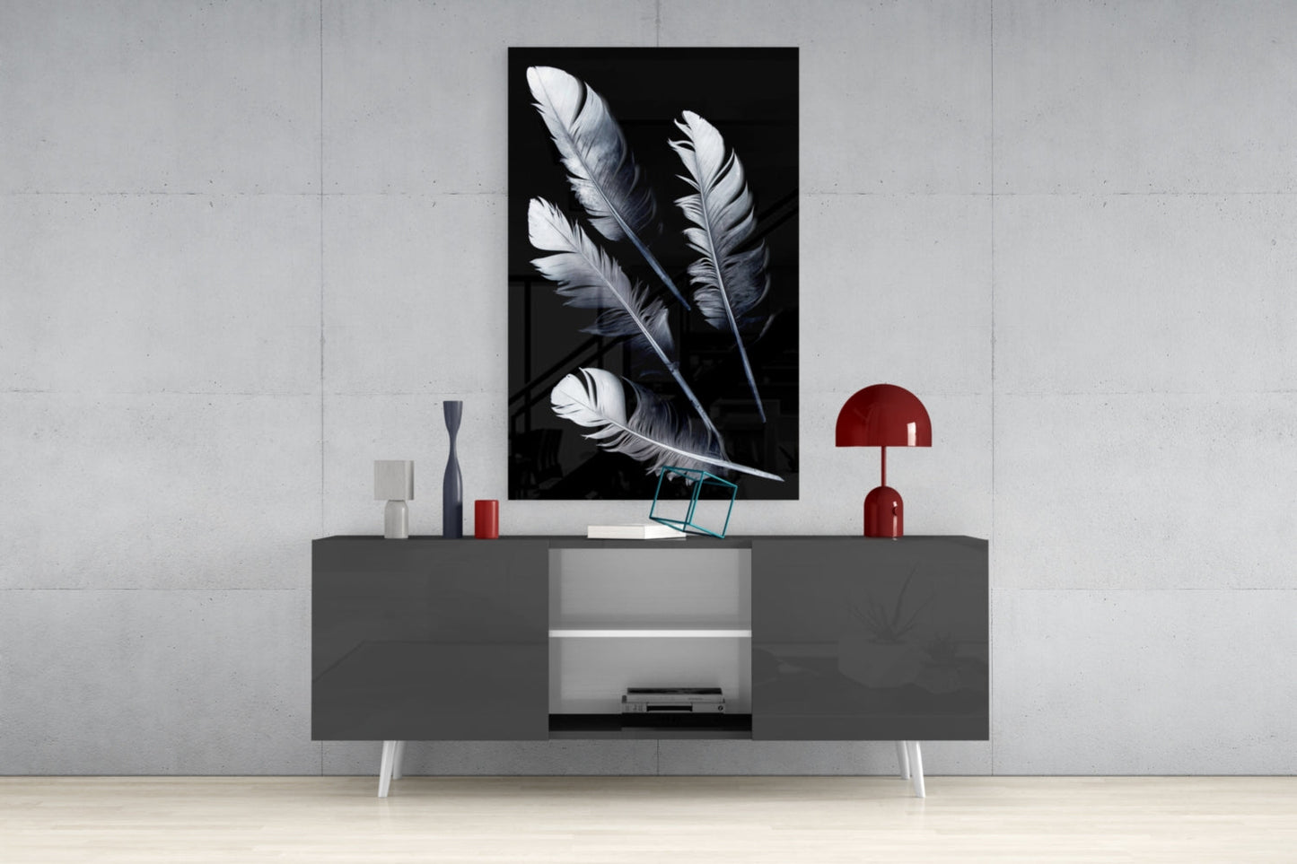White Feathers on Black Glass Wall Art