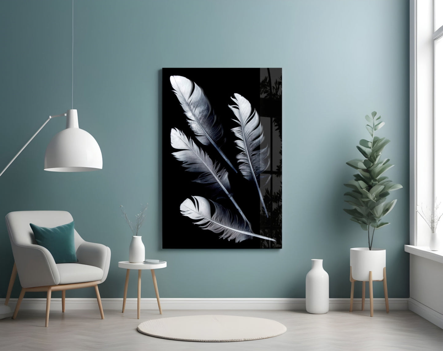 White Feathers on Black Glass Wall Art