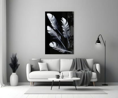 White Feathers on Black Glass Wall Art