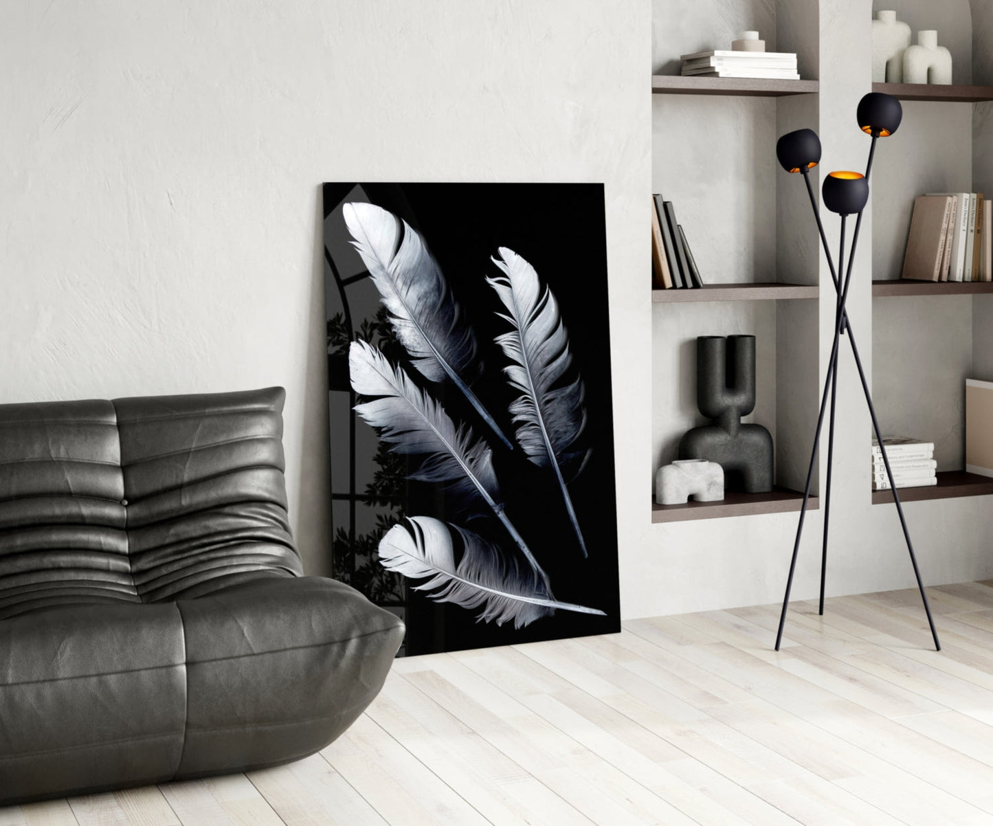 White Feathers on Black Glass Wall Art