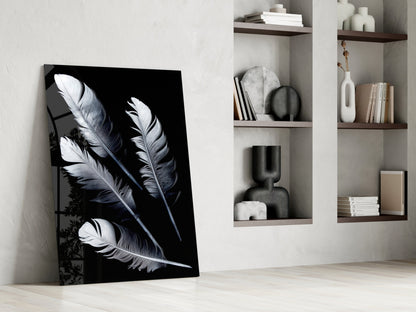 White Feathers on Black Glass Wall Art