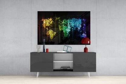 Pixel Rainbow World Map Glass Wall Art