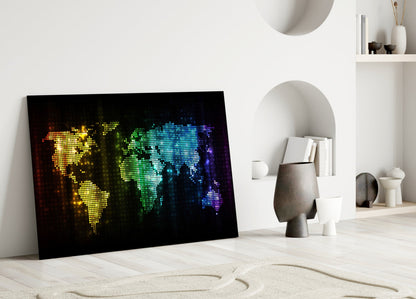 Pixel Rainbow World Map Glass Wall Art