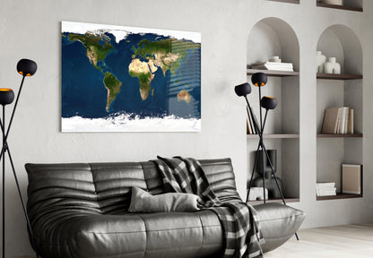 Satellite Earth World Map Glass Wall Art