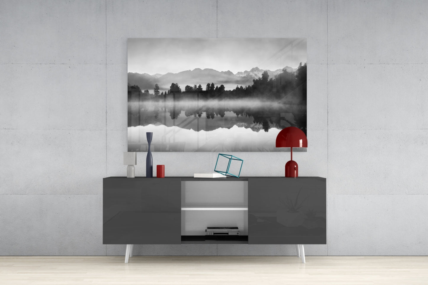 Misty Monochrome Lake Mirror Glass Wall Art