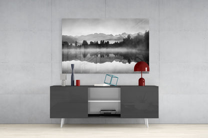 Misty Monochrome Lake Mirror Glass Wall Art