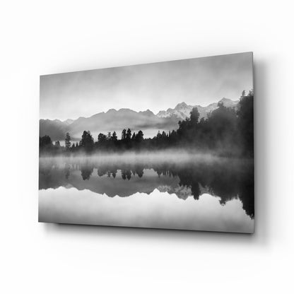 Misty Monochrome Lake Mirror Glass Wall Art