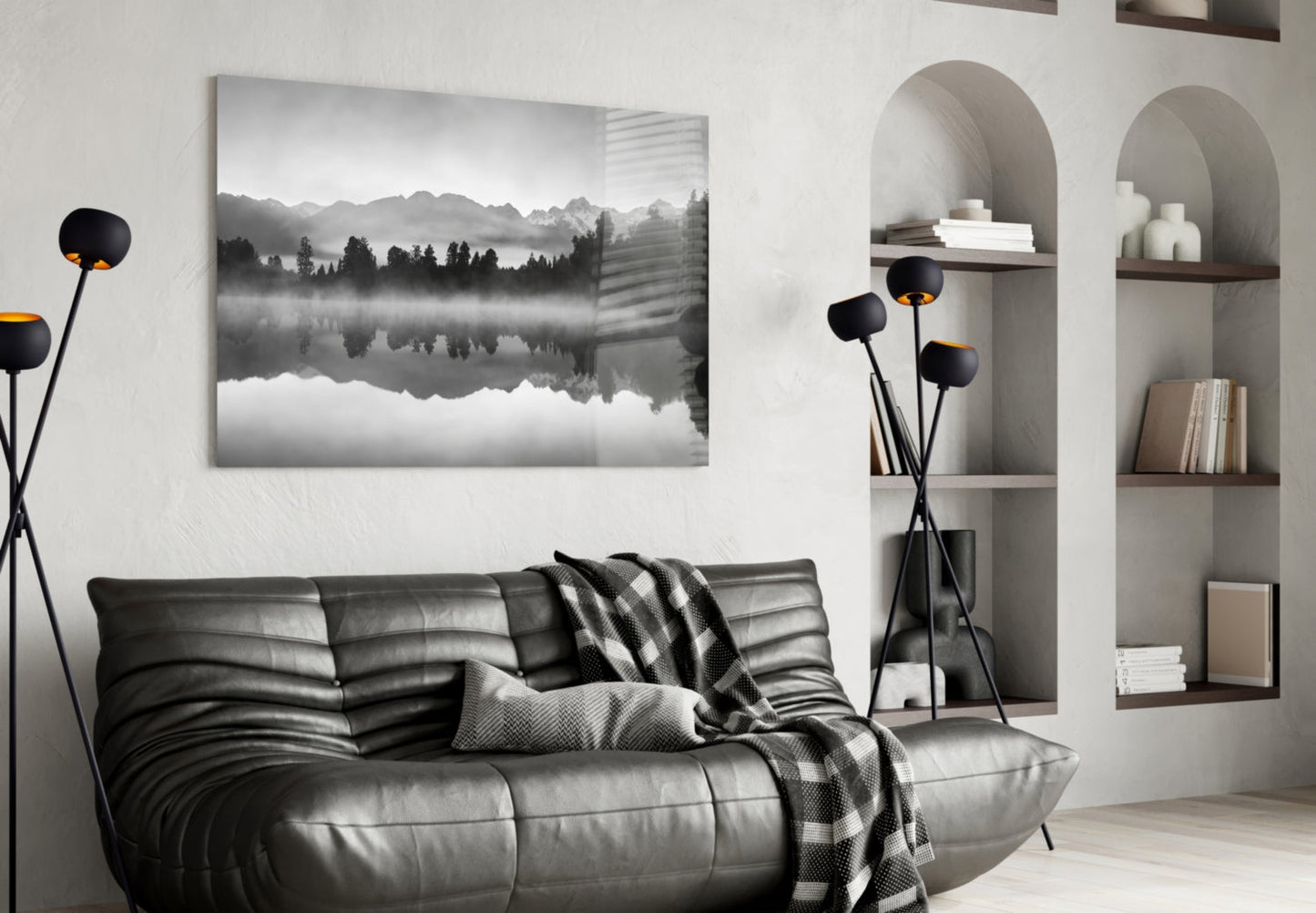 Misty Monochrome Lake Mirror Glass Wall Art