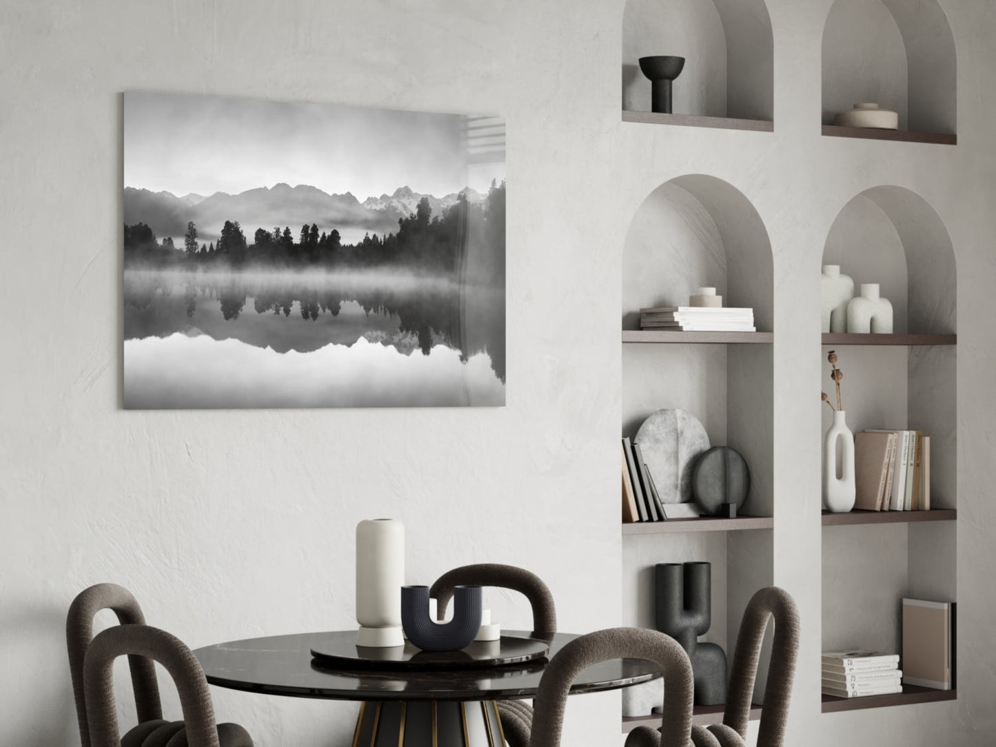 Misty Monochrome Lake Mirror Glass Wall Art