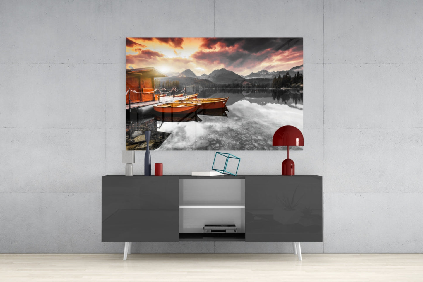 Orange Boats Mountain Lake Selective Color Glass Wall Art