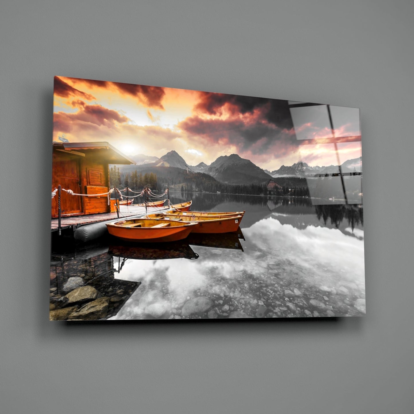 Orange Boats Mountain Lake Selective Color Glass Wall Art