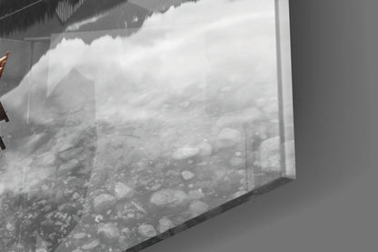 Orange Boats Mountain Lake Selective Color Glass Wall Art