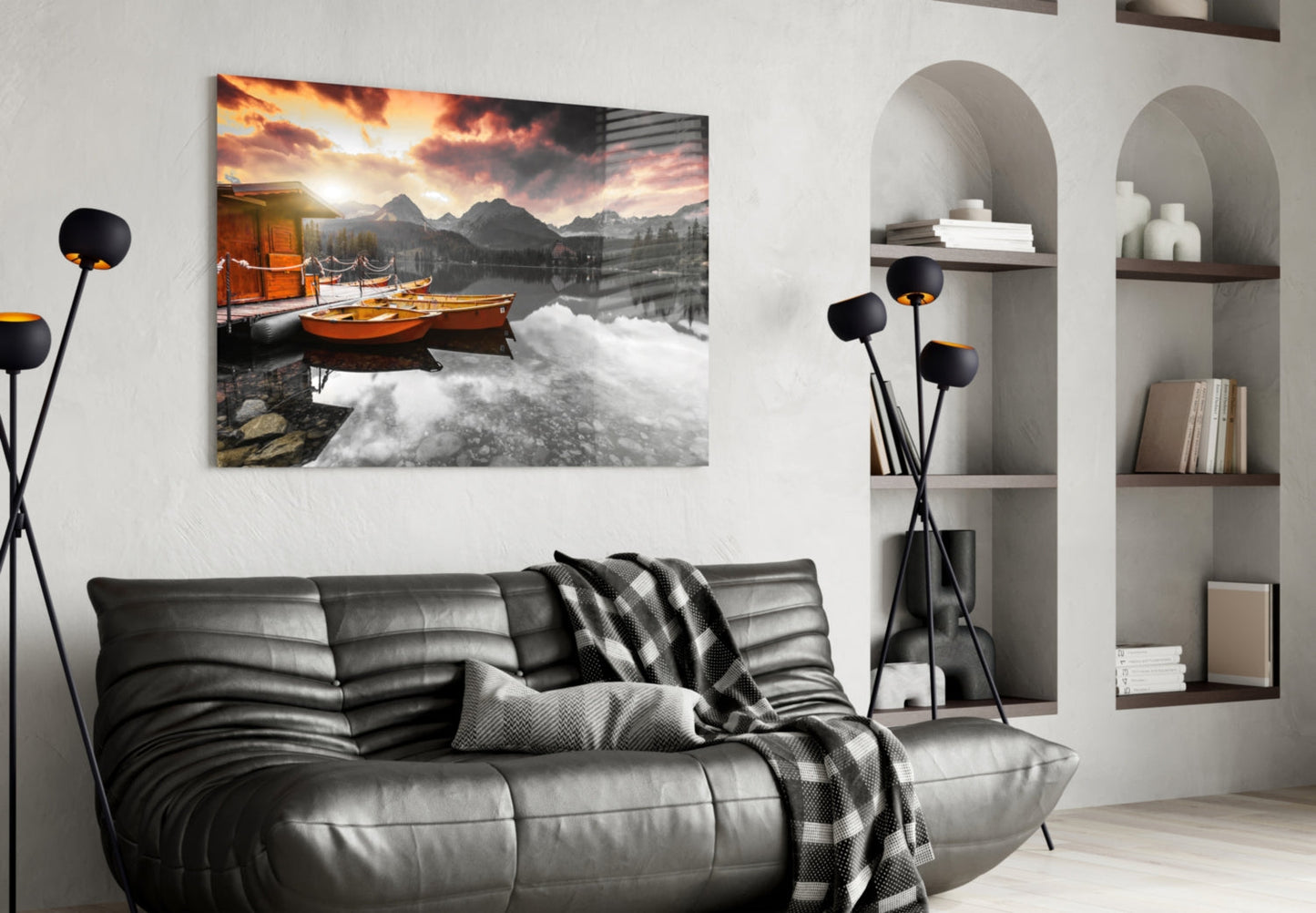 Orange Boats Mountain Lake Selective Color Glass Wall Art