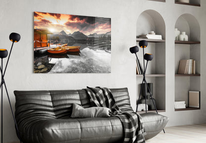 Orange Boats Mountain Lake Selective Color Glass Wall Art