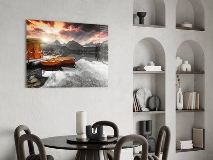 Orange Boats Mountain Lake Selective Color Glass Wall Art