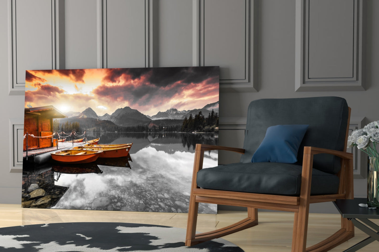 Orange Boats Mountain Lake Selective Color Glass Wall Art