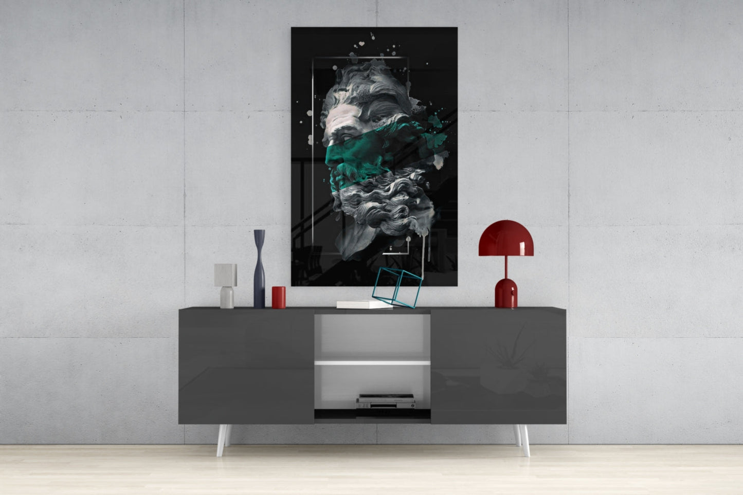 Emerald Paint Stripe Poseidon Bust Glass Wall Art