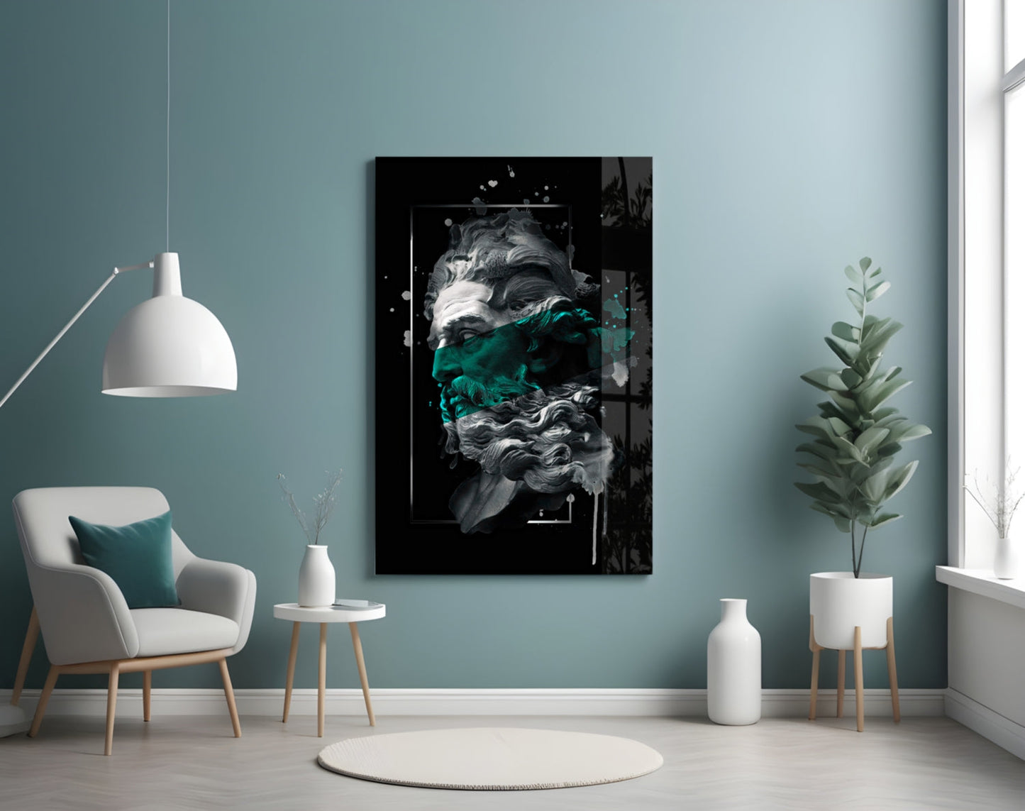 Emerald Paint Stripe Poseidon Bust Glass Wall Art