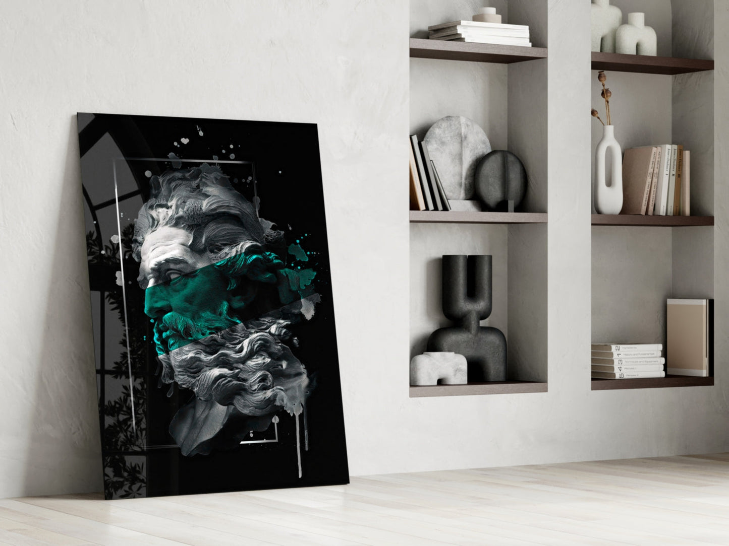 Emerald Paint Stripe Poseidon Bust Glass Wall Art