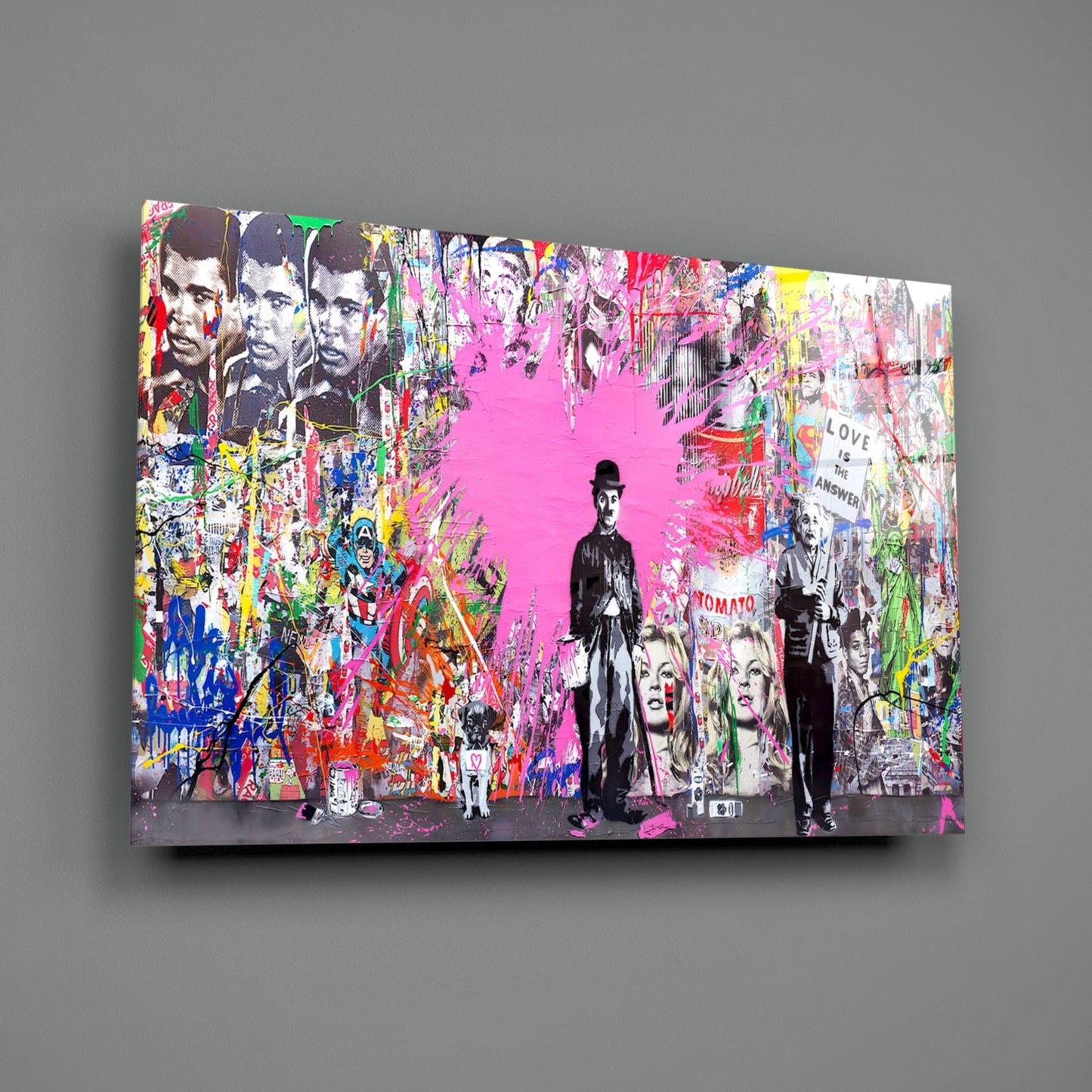 Colorful pop art glass panel featuring vintage Hollywood figures and celebrities against bright pink background with layered graffiti and text elements.