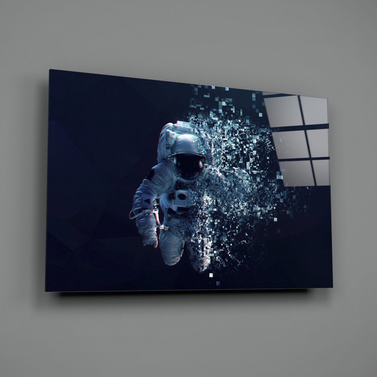 Shattering Pixel Astronaut Glass Wall Art