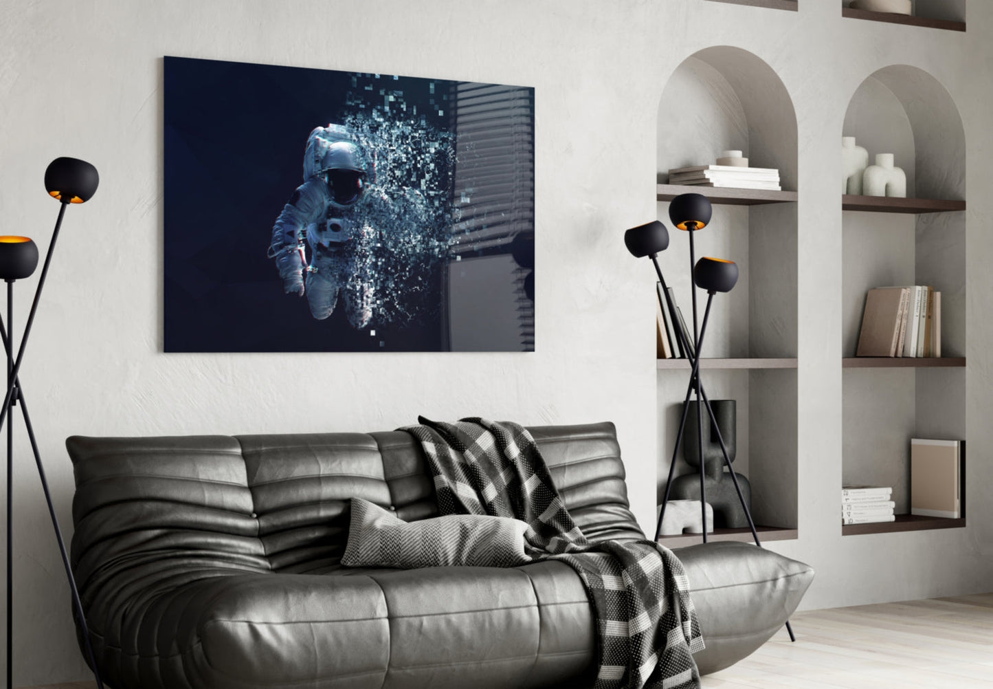 Shattering Pixel Astronaut Glass Wall Art