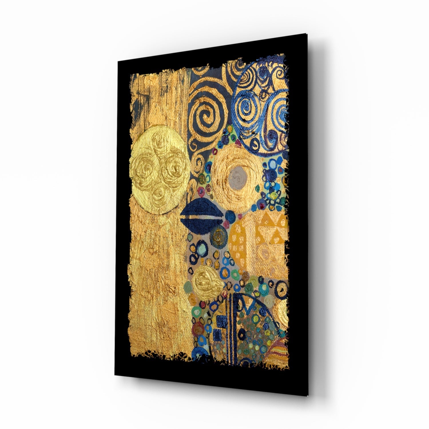 Gold abstract glass wall art with spirals, geometric patterns, and a stylized face displayed at an angle on black background.