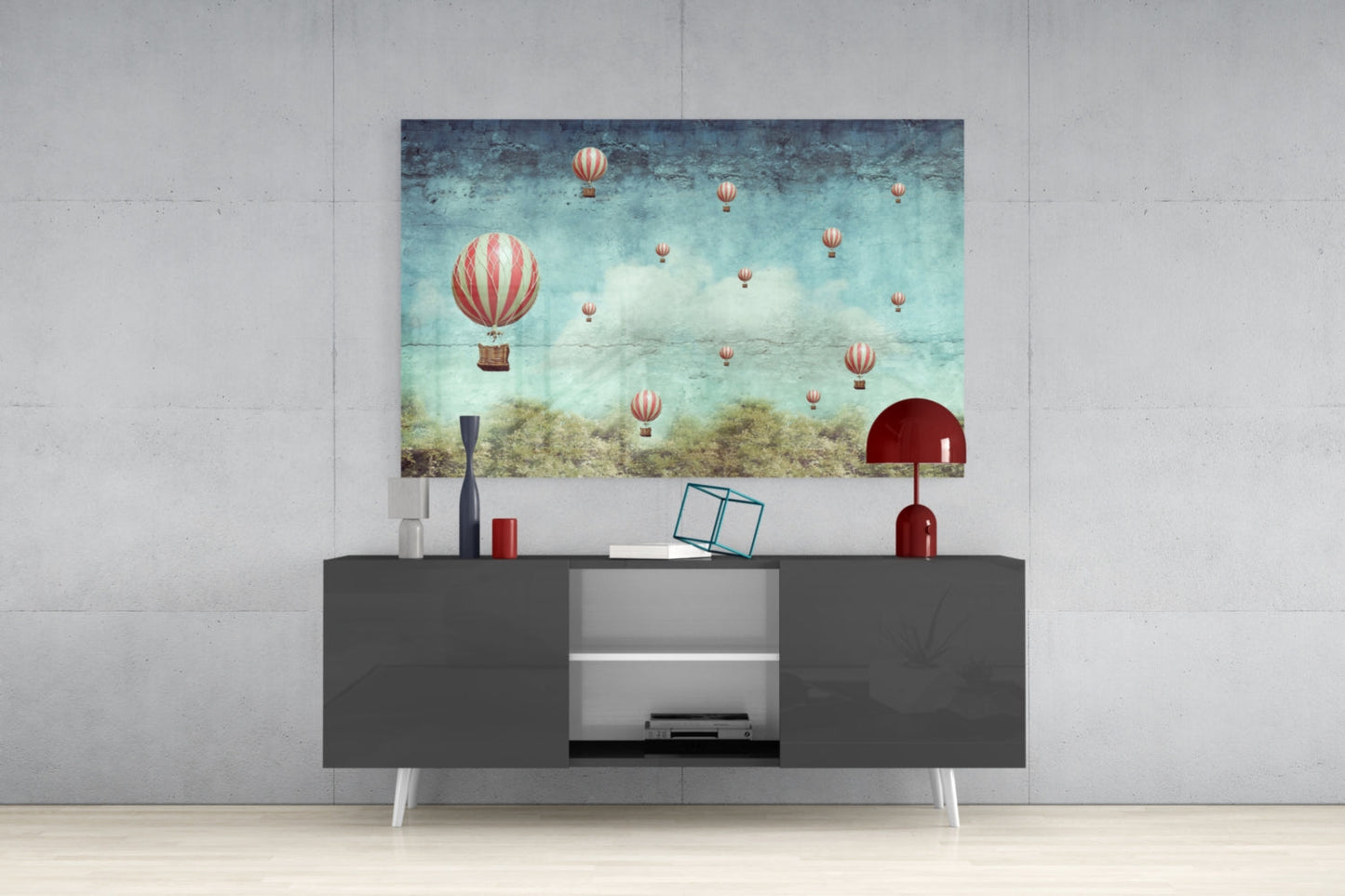 Vintage Sky Full of Pink Balloons Glass Wall Art