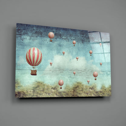 Vintage Sky Full of Pink Balloons Glass Wall Art