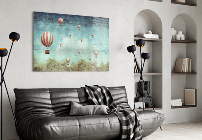 Vintage Sky Full of Pink Balloons Glass Wall Art