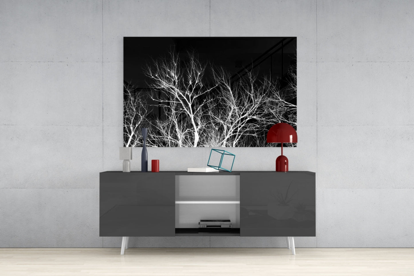 Bare White Branches on Black Night Glass Wall Art