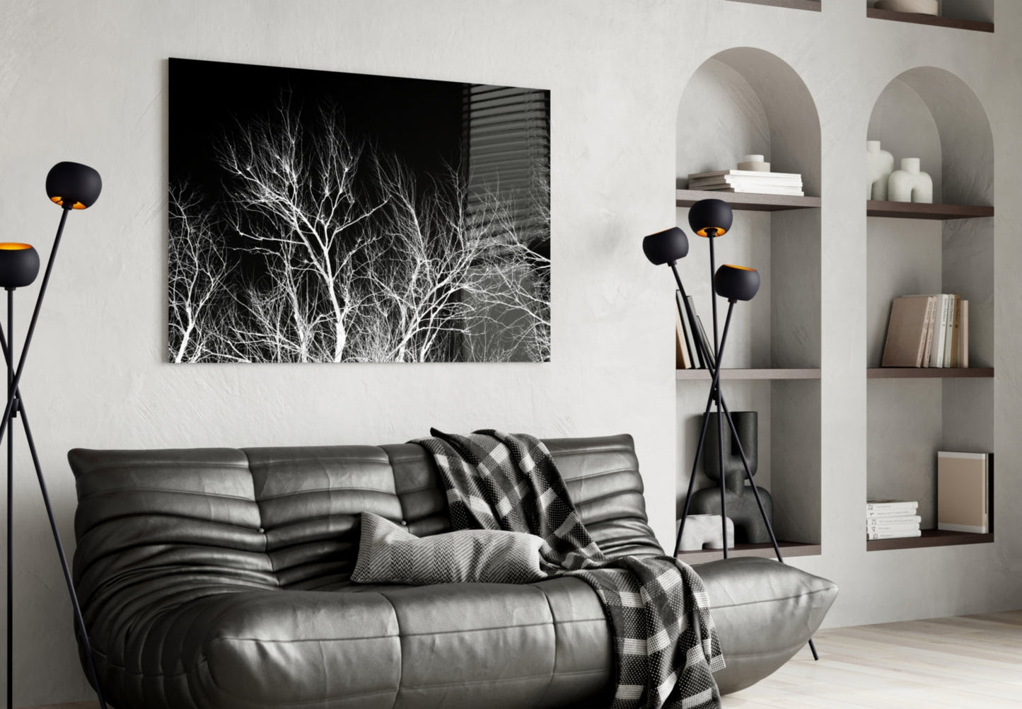 Bare White Branches on Black Night Glass Wall Art