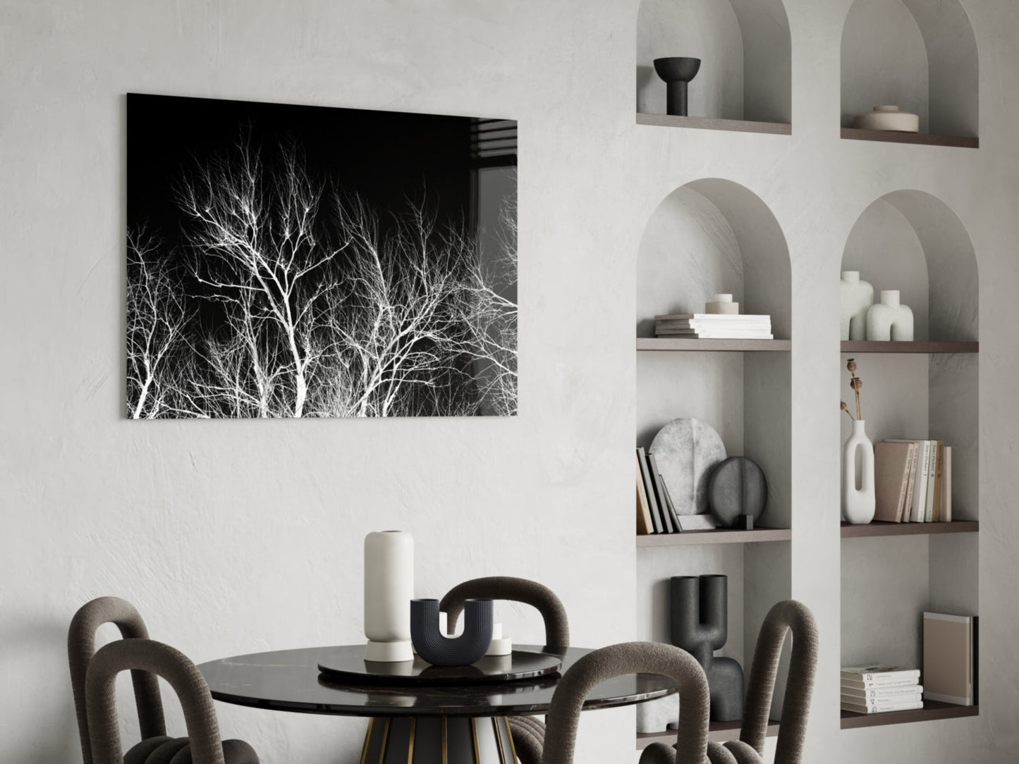 Bare White Branches on Black Night Glass Wall Art