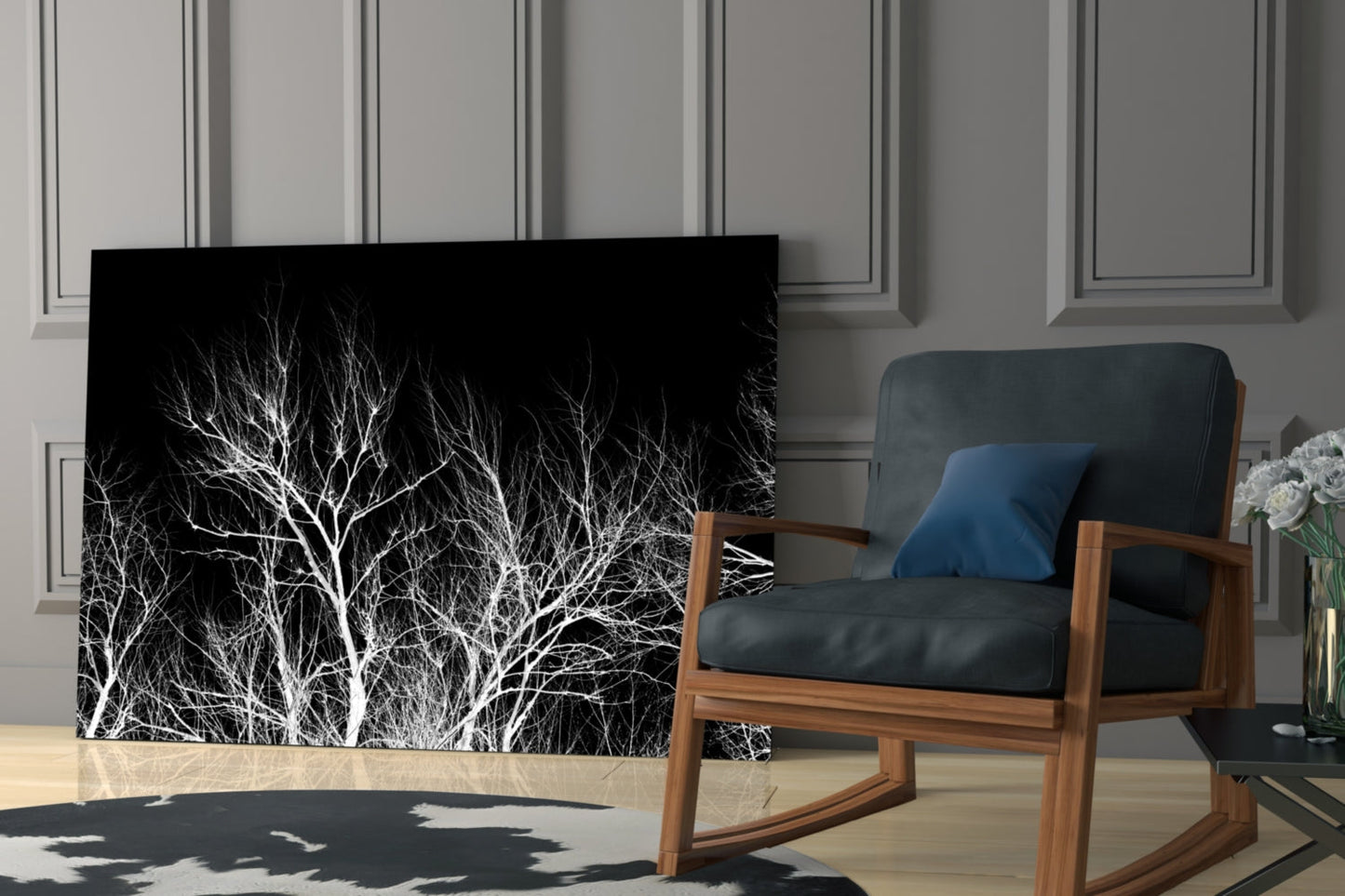 Bare White Branches on Black Night Glass Wall Art