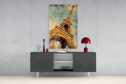 Golden Grunge Paris Eiffel Glass Wall Art