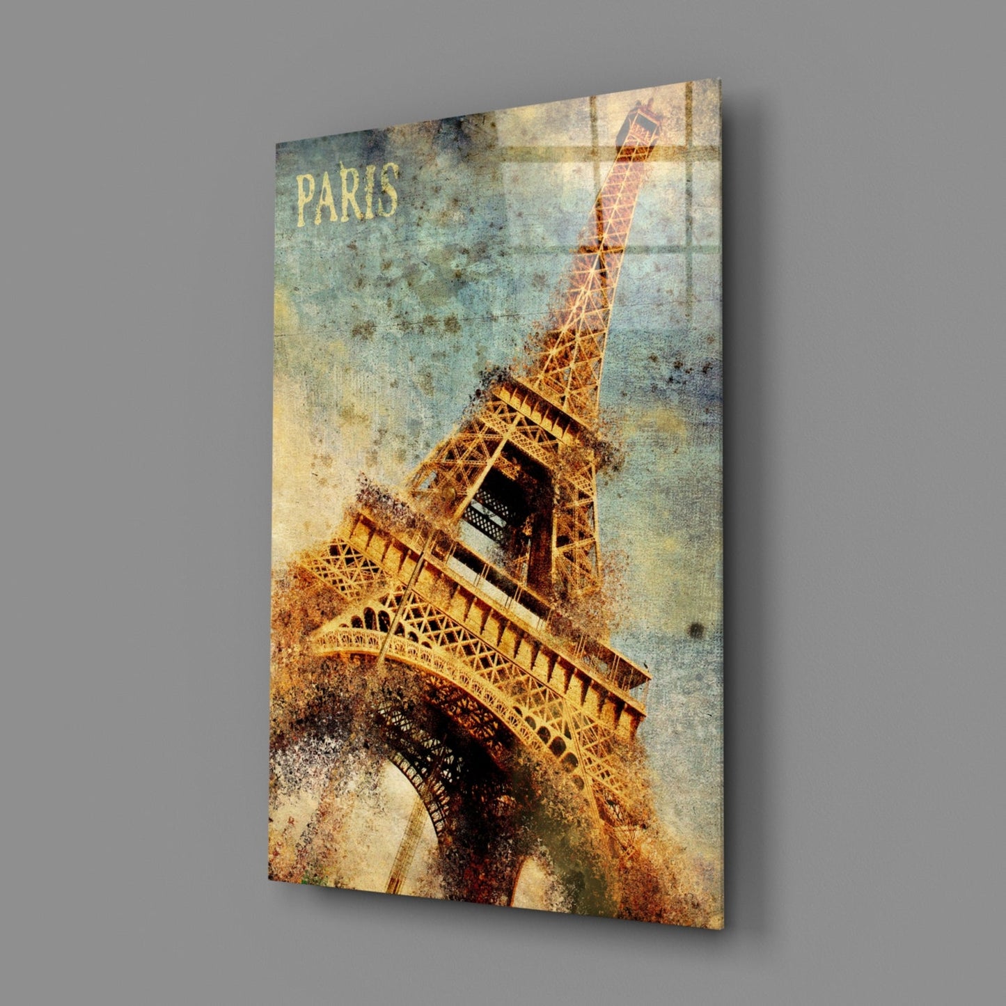 Golden Grunge Paris Eiffel Glass Wall Art