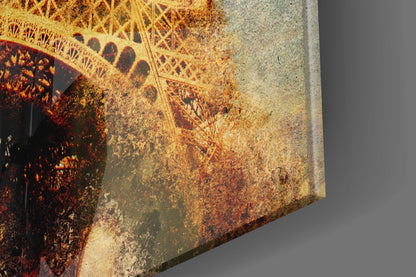 Golden Grunge Paris Eiffel Glass Wall Art