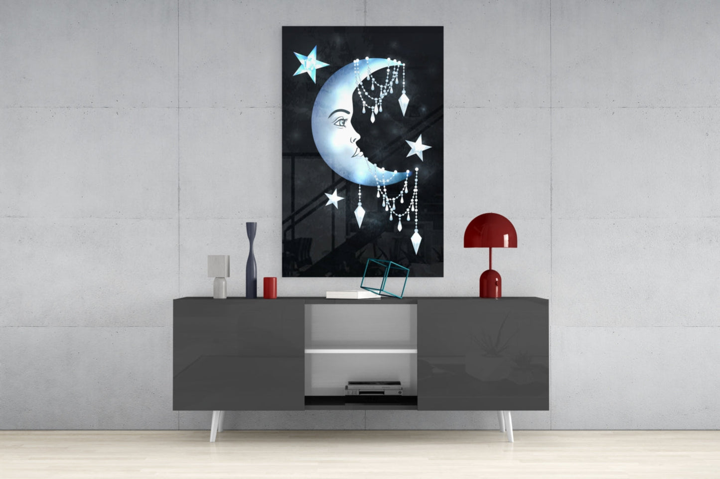 Moon Star Glass Wall Art displayed above gray media console, showing crescent moon with jeweled headdress and hanging crystals on black background.