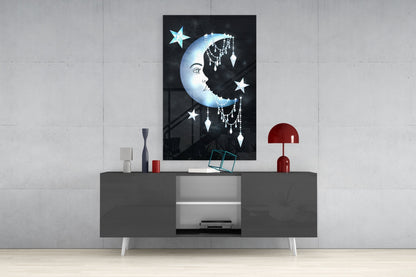 Moon Star Glass Wall Art displayed above gray media console, showing crescent moon with jeweled headdress and hanging crystals on black background.
