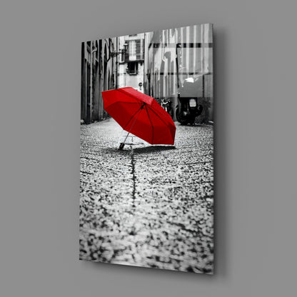 Lone Red Umbrella Cobblestone Street Glass Wall Art