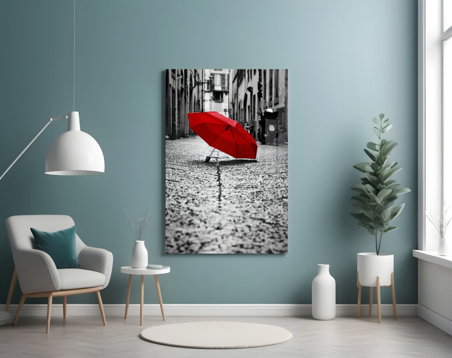 Lone Red Umbrella Cobblestone Street Glass Wall Art