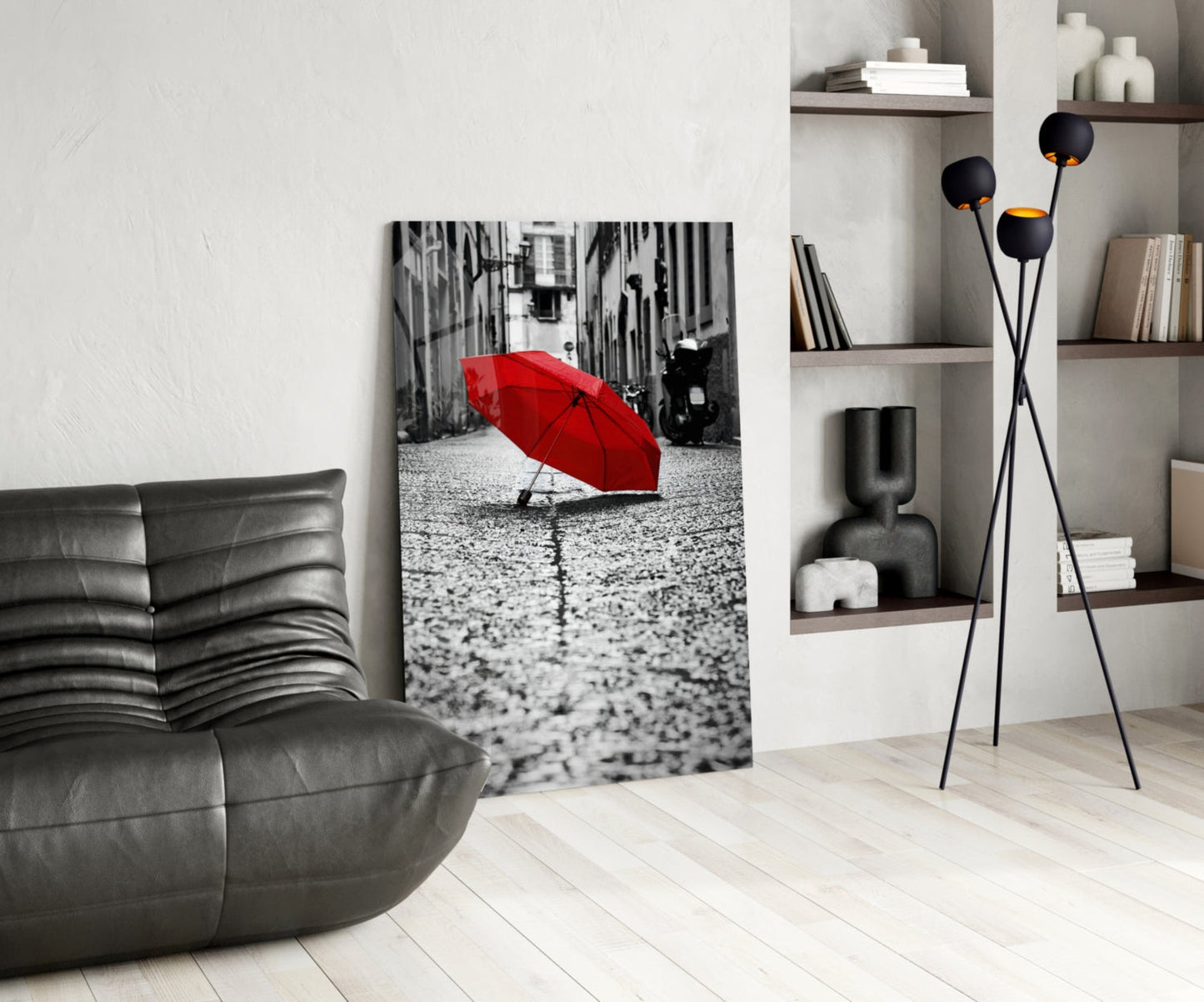 Lone Red Umbrella Cobblestone Street Glass Wall Art