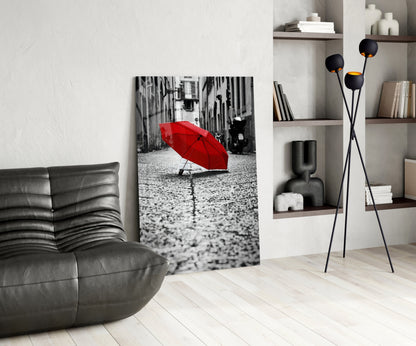Lone Red Umbrella Cobblestone Street Glass Wall Art